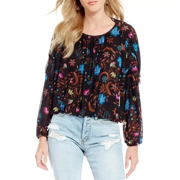 Free People Wildflower Honey Printed Blouse Black Multi Mesh Crop Top Small - Picture 12 of 15
